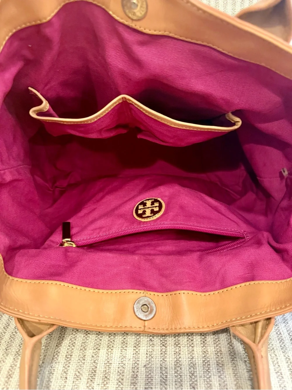 Tory Burch Ella Multi-Stripe Canvas Tote Leather Trim Large Shoulder Bag